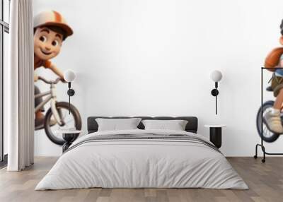 3d boy riding bicycle isolated on white background. Generative AI. Wall mural