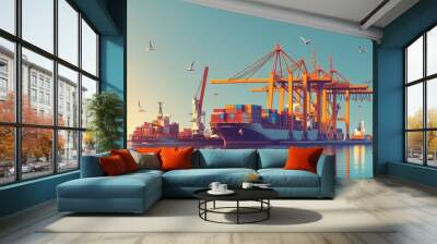 A global hub for logistics, the port has cargo vehicles and a container ship with a crane docked there. Wall mural