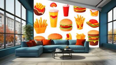 Fast food 3d cartoon vector icon set isolated on white background. Generative AI. Wall mural