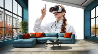 female doctor looking up and pointing with finger while using VR glasses on isolated transparent background Wall mural