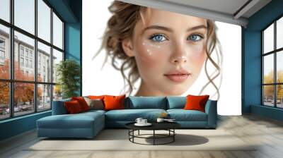 Half portrait of young beautiful girl with brown eyes, glowing face skin and lips on isolated transparent background Wall mural