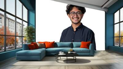 Young man standing holding laptop and looking at camera on isolated transparent background Wall mural