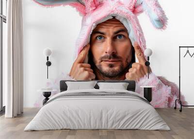 Happy man wearing bunny ears pink on isolated transparent background Wall mural