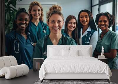 Hospital medical team with group of smiling healthy doctors and nurses Wall mural