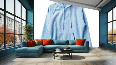 A person is wearing a blue hoodie with water droplets on it Wall mural