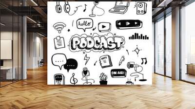 Podcast doodle icons vector set. Hand drawn style illustration Wall mural