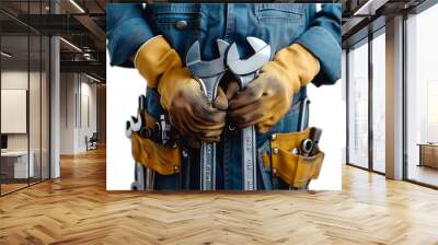 Portrait of a young mechanic holding a wrench on isolated transparent background Wall mural