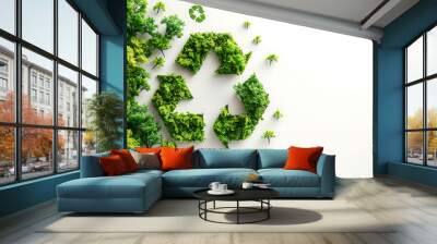 Recycle sign made of green trees on white background Wall mural