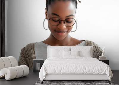 Smiling businesswoman using a digital tablet on isolated transparent background Wall mural