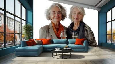 Stylish senior females standing together holding glasses of champagne on isolated transparent background Wall mural