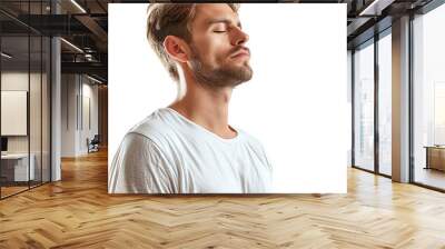 Yoga and meditation concept. Concentrated relaxed man standing meditation on isolated transparent background Wall mural