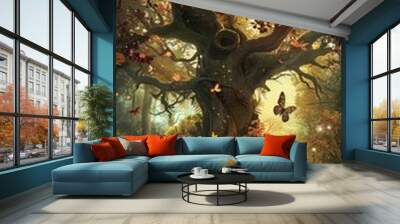 A large tree with many leaves and butterflies flying around it Wall mural