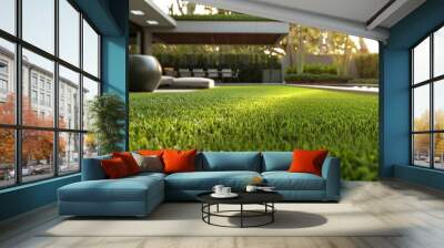 A lush green lawn with a black bowl and a patio area with a pool Wall mural