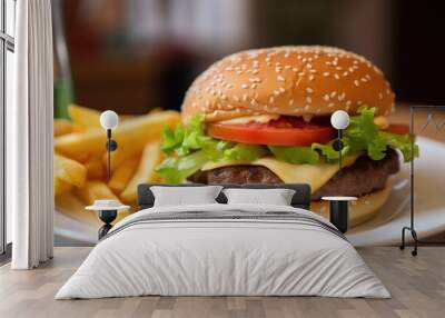 Close-up shot of a hamburger on a white plate with potatoes beside it Wall mural