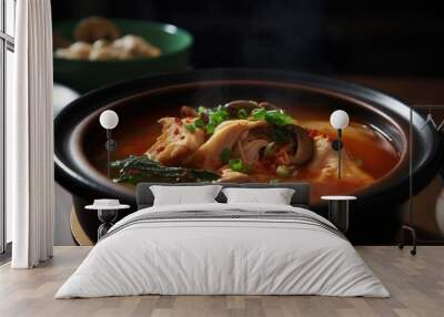 Delectable photo of a bowl of spicy kimchi stew garnished with tofu and scallions in a Korean family setting Wall mural