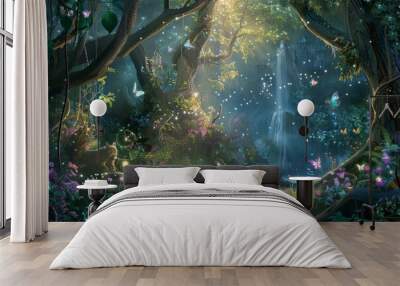 Enchanting forest scene with verdant foliage, a cascading waterfall, and a crystal-clear pond, creating a harmonious oasis of tranquility and serenity Wall mural