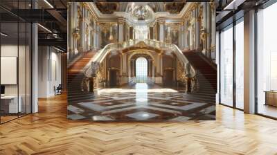 Expansive empty room featuring majestic gold ceiling and ornate trim. Extravagant interior concept Wall mural