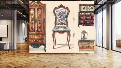 Floral elegance: A charming drawing of a cabinet adorned with delicate flowers and graceful leaves Wall mural