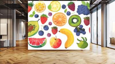 Fresh and Colorful Fruit Basket. Cute fruit clipart high detailed Wall mural