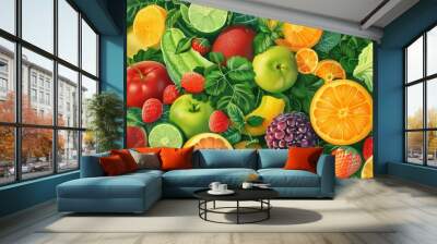 Fresh and Colorful Fruits and Vegetables Display. High detailed background Wall mural