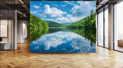 misty waters: a tranquil lake with a dreamy cloudy sky as its backdrop. Wall mural