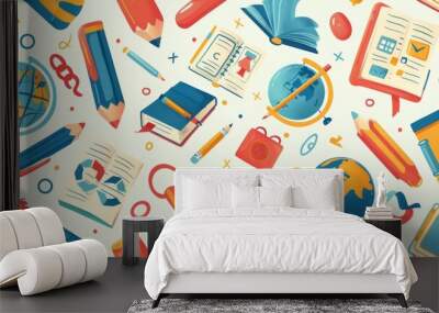 Scholarly Arrangement: Repeating Seamless Pattern Featuring School Pencils, Books, and Globes Wall mural