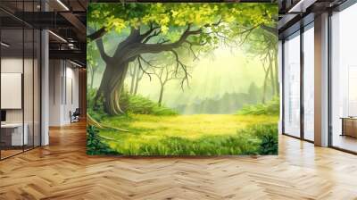 Serene Forest. A peaceful and luscious green forest background Wall mural