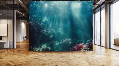 Sunbeams illuminating underwater. Nature and light concept. Wall mural