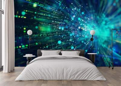 Vivid green and blue wave with a profusion of dots. Captivating abstract artwork. Wall mural