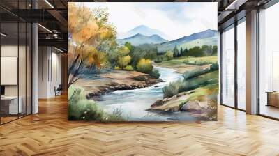 watercolor painting of forest landscape with trees and river Wall mural