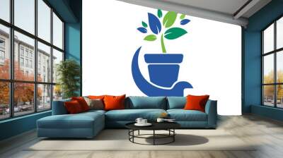 Garden fix vector logo concept. Flower pot and wrench logo icon. Wall mural