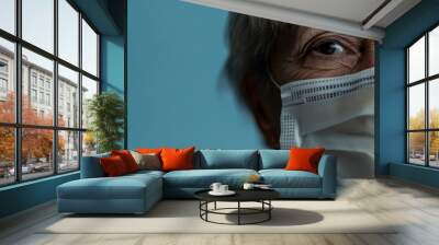 Elderly gray-haired patient in mask. Horizontal banner. National Influenza Vaccination Week. National Immunization Awareness Month. Immunization and vaccination. Copy space. World patient safety day Wall mural