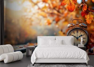 Retro clock surrounded by autumn leaves on a wooden table. Horizontal banner. Free space for text. Clock and yellow foliage. Daylight saving time, winter time changeover Wall mural