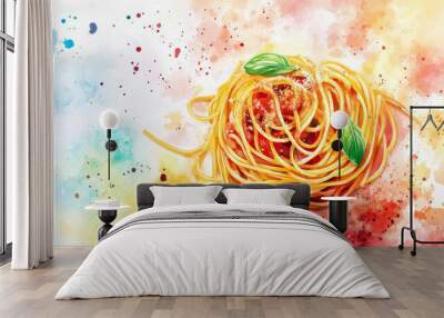 Spaghetti with tomato sauce and basil leaves on a white background. Watercolor illustration. Delicious pasta with cheese. National Spaghetti Day. Horizontal banner. Copy space. Italian food Wall mural