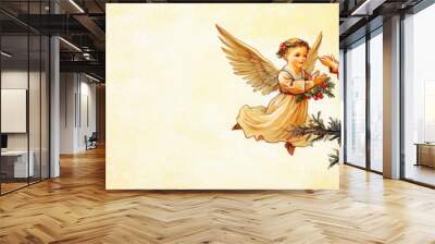 Vintage postcard. Two angels next to Christmas tree on golden background. Orthodox Christmas. Horizontal banner. Free space for text. Christmas holiday concept. Religious greeting card, poster Wall mural