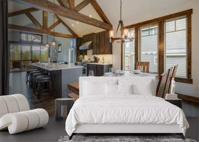 Amazing dining room near modern and rustic luxury kitchen with vaulted ceiling and wooden beams, long island with white quarts countertop and dark wood cabinets. Wall mural