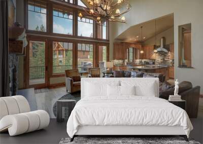 Amazing two story tall living room interior  with sky bridge and leather furniture. Wall mural