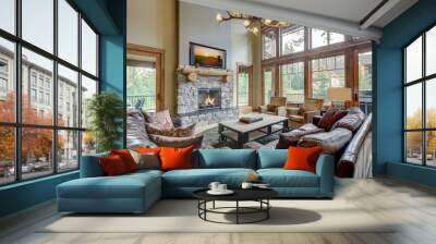 Amazing two story tall living room interior  with sky bridge and leather furniture. Wall mural