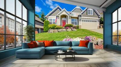 American house with beautiful landscape and vivid flowers Wall mural