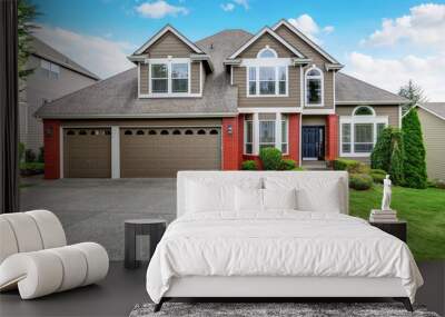 Beautiful curb appeal of beige house with red brick trim Wall mural