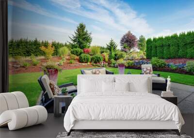 Impressive backyard landscape design with patio area Wall mural