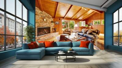 Luxury log cabin house interior. Living room with fireplace and Wall mural