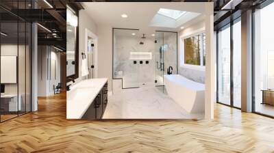 Luxury modern home bathroom interior with dark brown cabinets, white marble, walk in shower, free standing tub. Wall mural