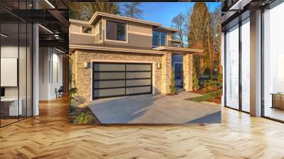 Modern contemporary house exterior with luxury details, landscaping, stone, wood, glass, lots of large windows. Wall mural