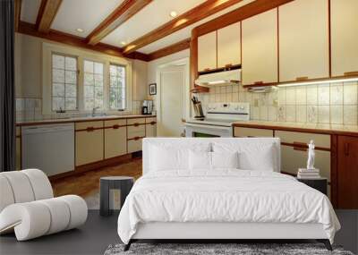 Old simple white and wood kitchen with hardwood floor. Wall mural