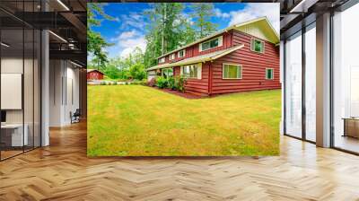 Red clapboard siding house with garage Wall mural