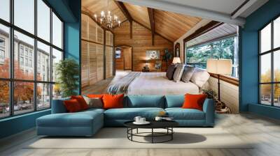 Wooden bedroom interior with high vaulted ceiling Wall mural