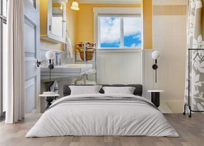 Yellow and white bathroom with a window Wall mural