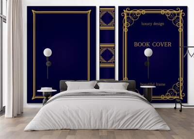 Book cover and spine ornament. Vintage old frames. Royal Golden and dark blue style design. Border to be printed on the covers of books. Wall mural