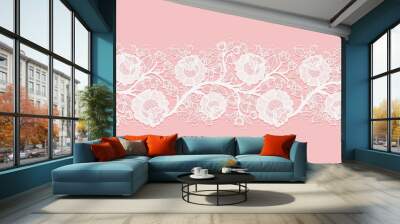 Lace horizontal seamless openwork roses. White lacy mesh on a pink background. Wall mural